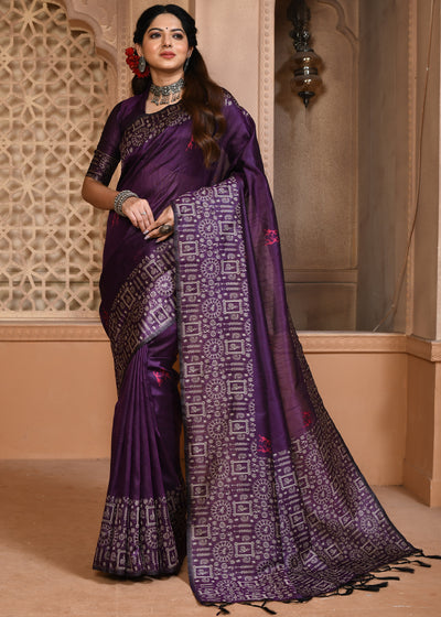 Wine Purple Woven Cotton Silk Saree – Zari Banaras