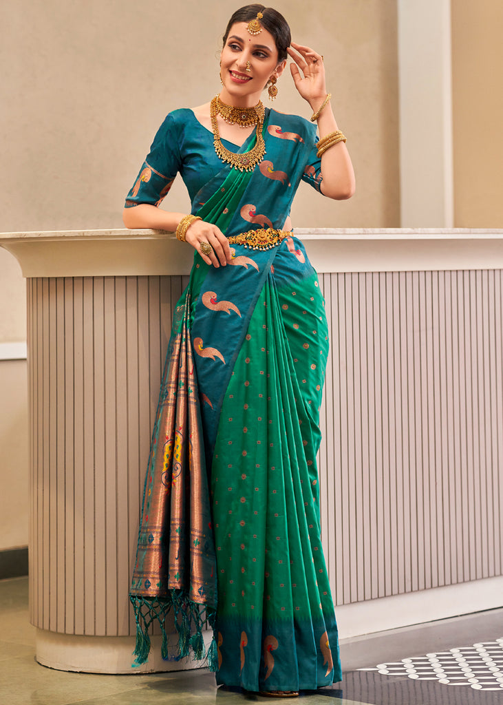 Turquoise green Paithani saree with designer blouse – Thath Banaras