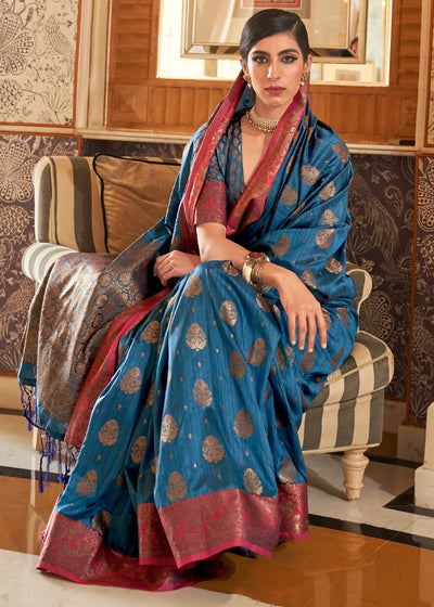 Zari woven tussar silk saree with tassels- crispy blue | OHO Style