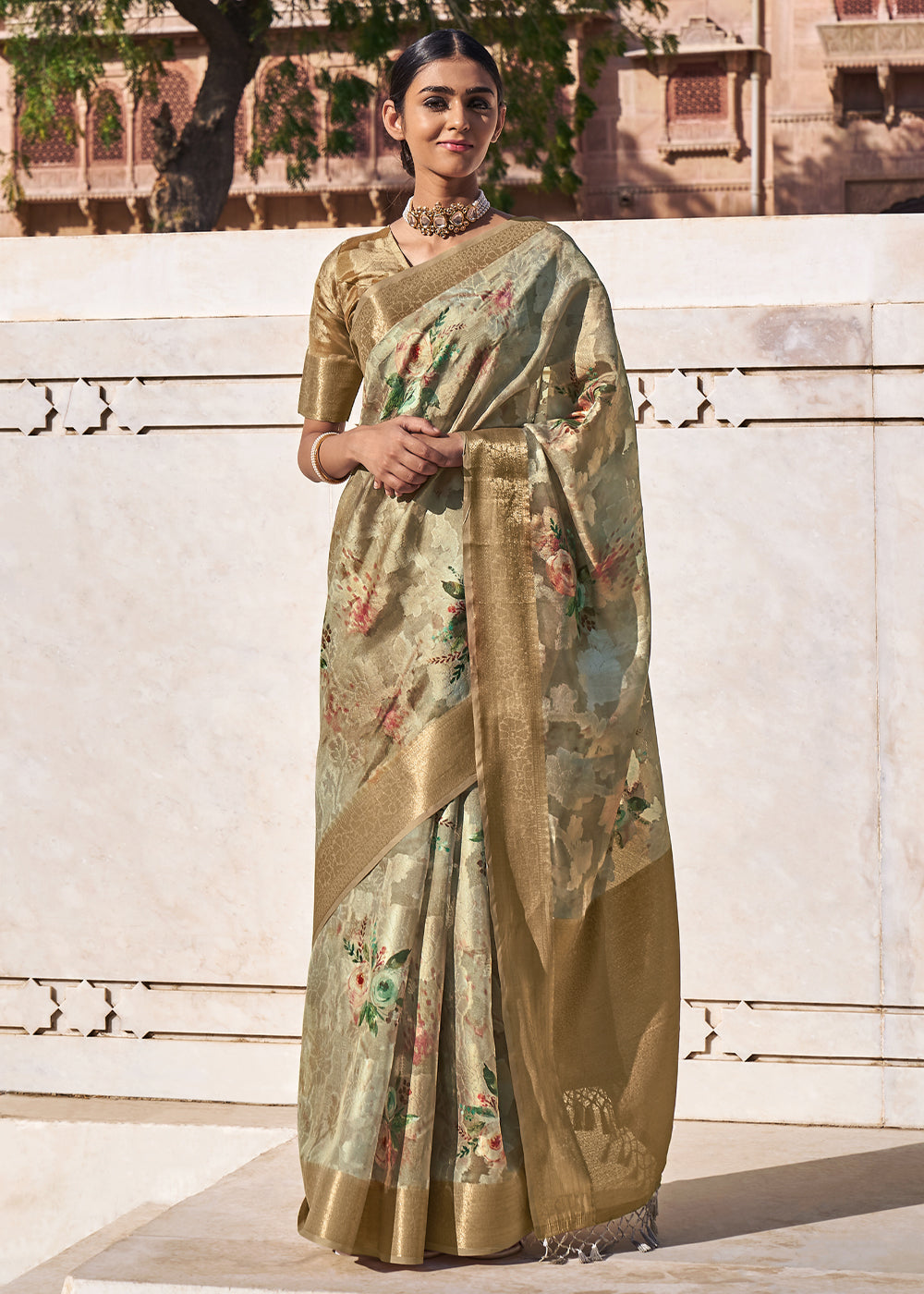 Lily Green Woven Banarasi Cotton Silk Saree With Digital Print – Zari  Banaras