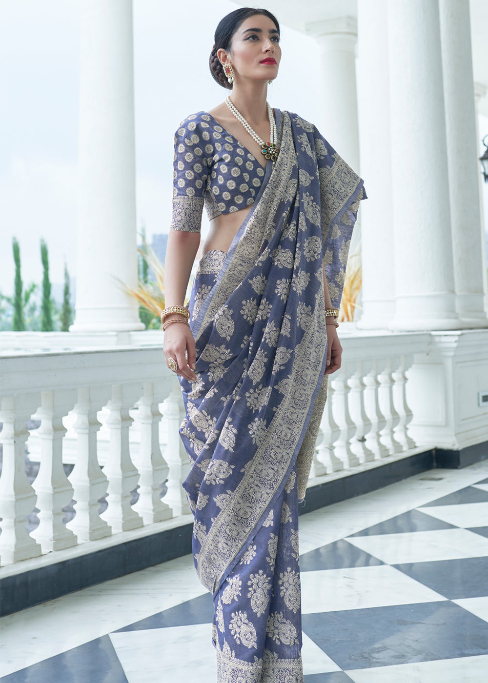 Berry Blue Weaved Lucknowi Chikankari Saree – STORI