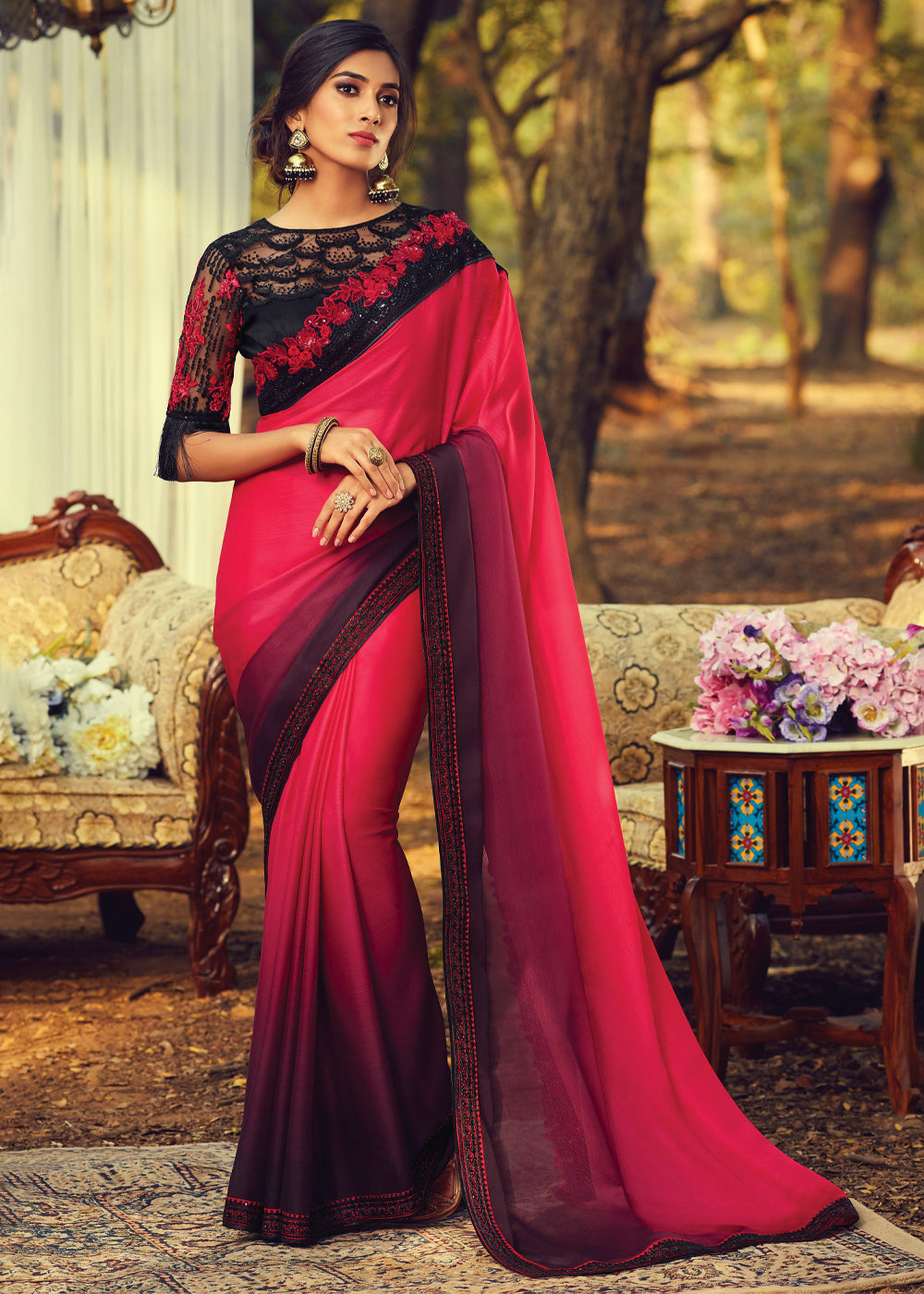 Ladies Cotton Silk Saree Black With Red Border