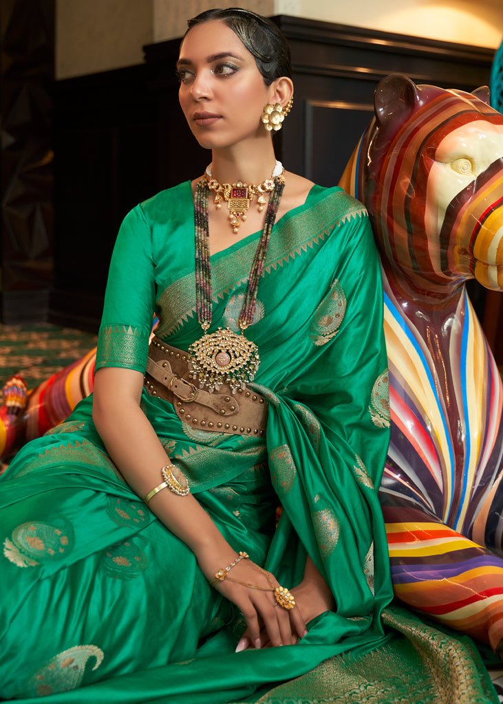 Pista Green Woven Satin Silk Saree With Contrast Brocade Blouse