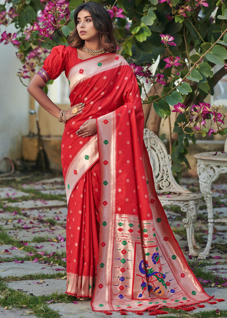 Cornell Red Traditional Paithani Silk Saree With Zari Weaving