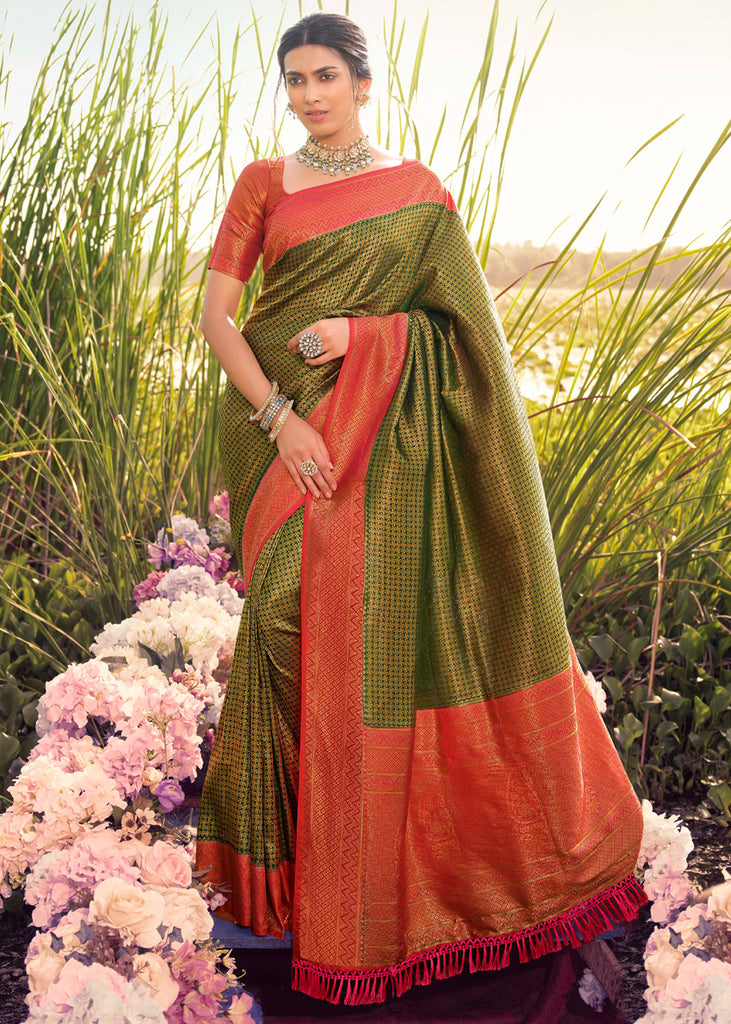 Red Green Saree Sari With Stitched Blouse Ready to Wear Silk Saree Indian  Wedding Bridal Saree Designer Traditional Banarasi Saree, RR-070 - Etsy