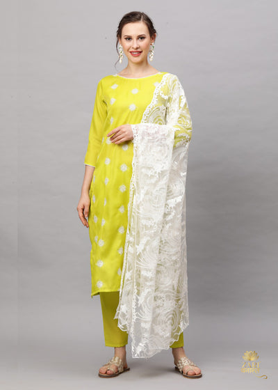 LIME GREEN CHICKENKAARI SUIT SET WITH WHITE DUPATTA (6622207377601)