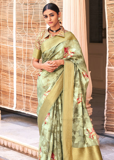 Lily Green Woven Banarasi Cotton Silk Saree With Digital Print – Zari  Banaras