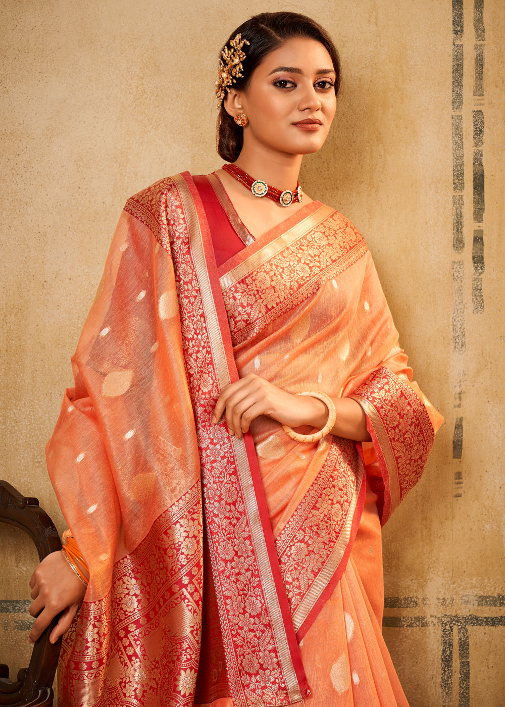 Peach Banarasi Silk Saree With Blouse 140528