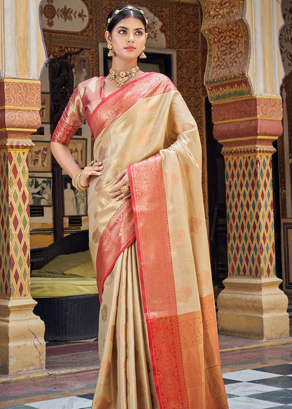 Beige Silk Woven Zari Party Wear Saree