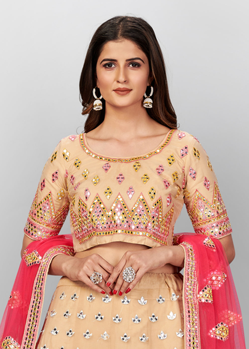 BLUSH PINK GEORGETTE MIRROR WORK LEHENGA – Zari Banaras