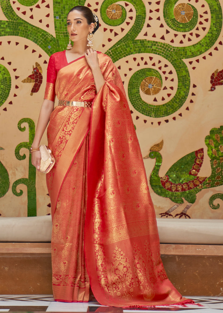 Nalli - Meticulously woven bridal Kanchipuram silk in the gorgeous shades  of red and pink. The sarees are woven with beautiful zari brocade all over  and accentuated by a rich zari border.