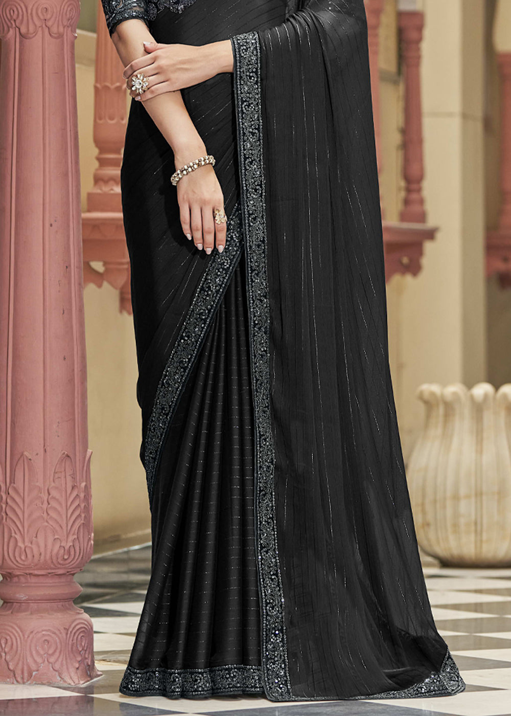 Siya Fashion Black Color Shimmer Satin Silk Embroidered Work Saree | Fancy  sarees party wear, Fancy sarees, Black saree