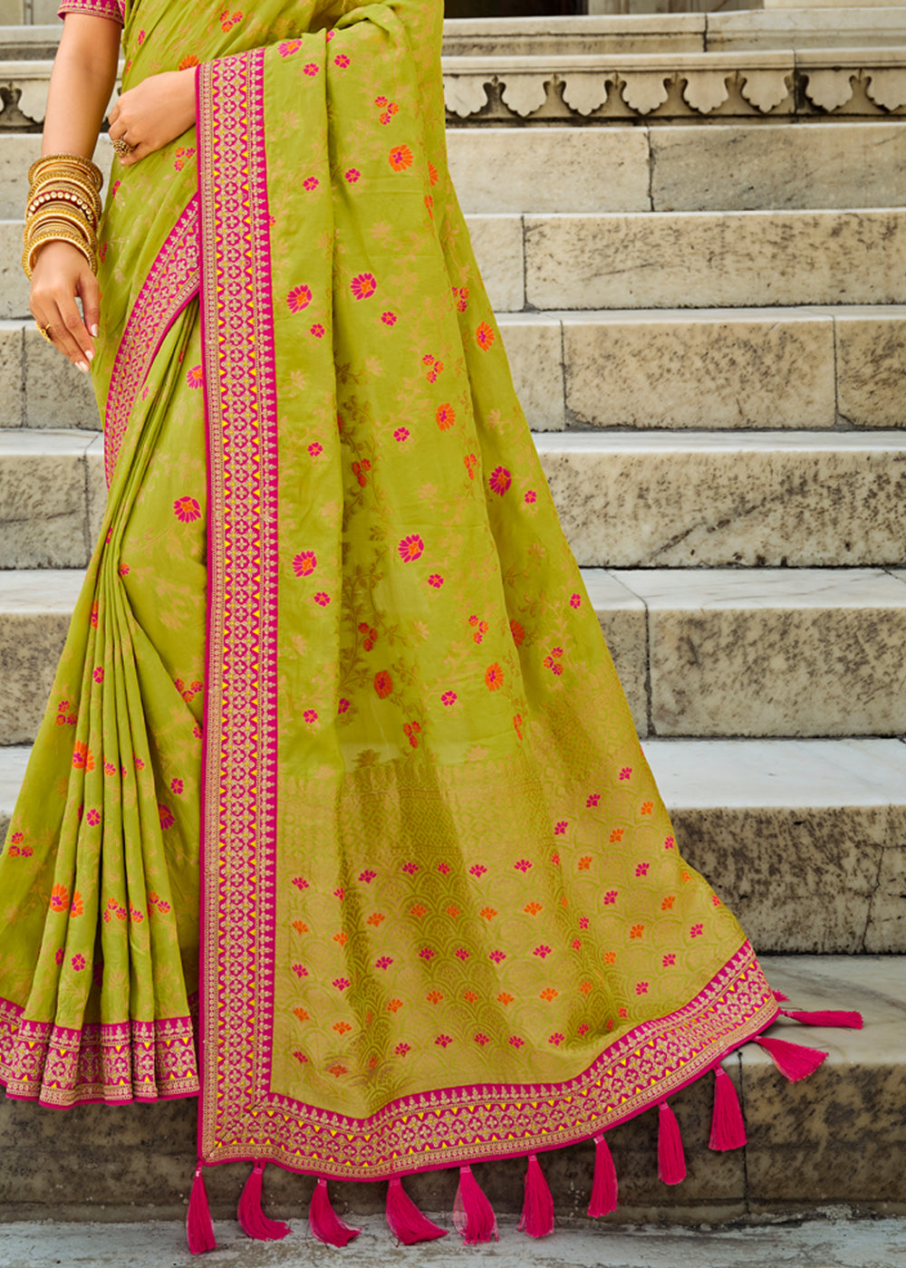 Kelly Green Silk Shimmer Embroidered Saree - NRF42907