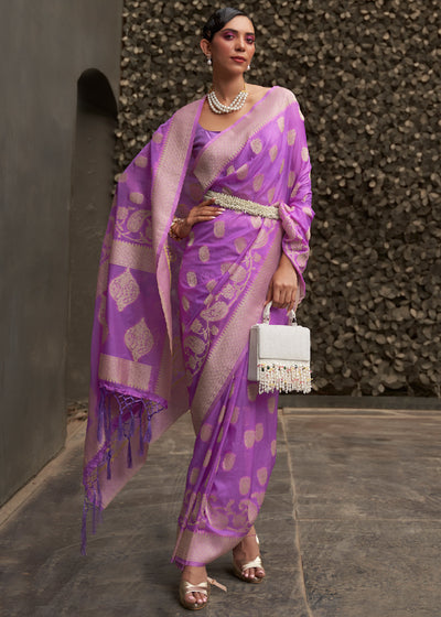 Banarasi Lichi Silk Saree With Silver Zari Small Buti Weaving-Purple –  Banarasikargha