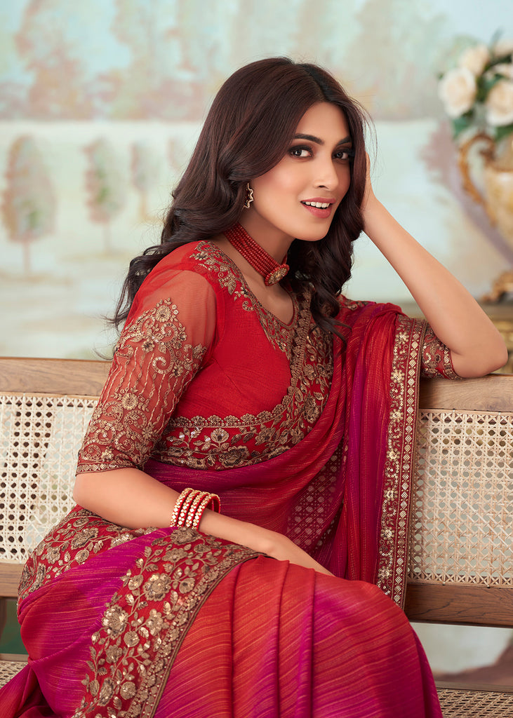 Red Pre Stitched Ruffled Saree with Blouse – Sanya Gulati