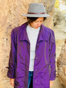 Vintage Iridescent Purple Trench Coat with Aztec Wool Lining