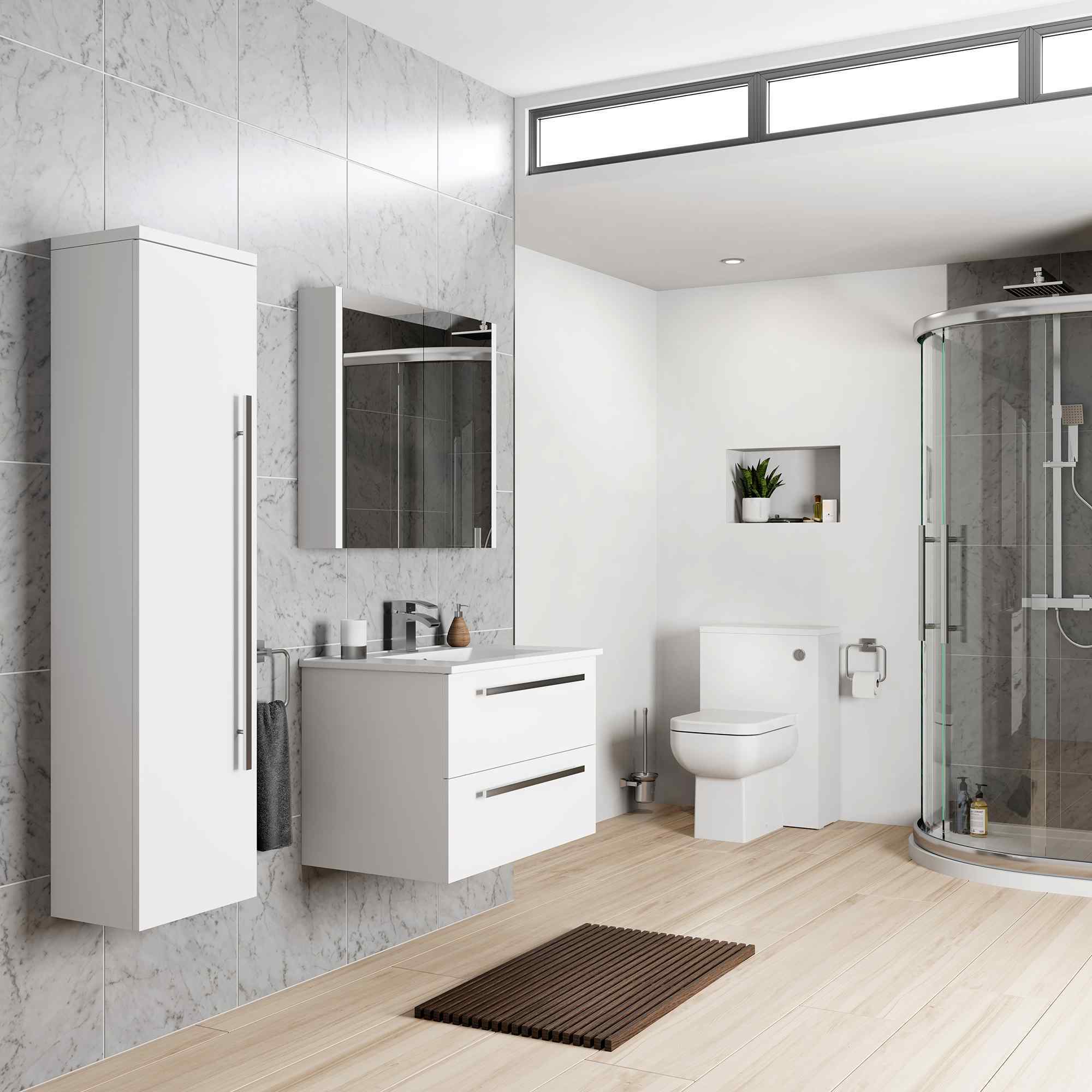 Compact bathroom layout with space-saving solutions - Keywords: small bathroom solutions