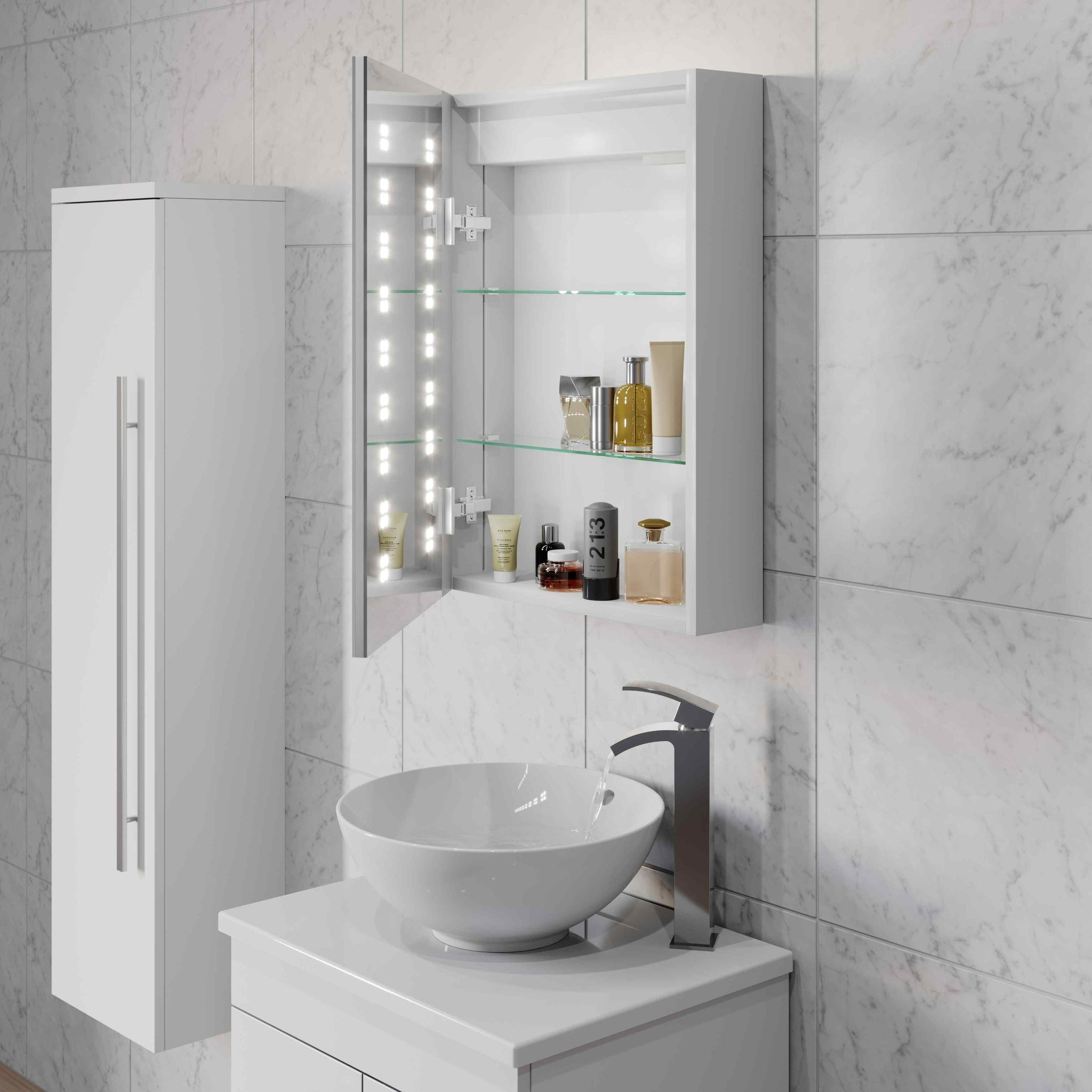 Modern bathroom lighting fixtures shining brightly in a stylish bathroom.