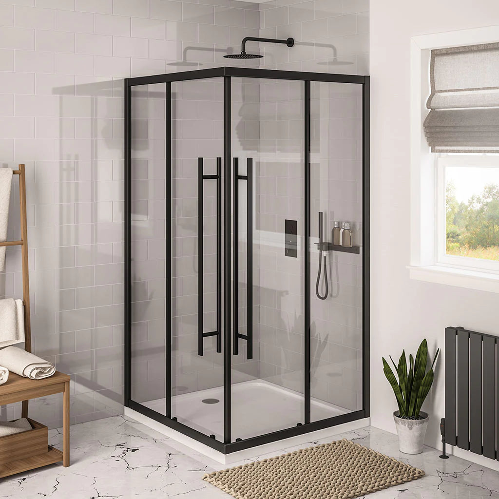 Sleek black framed shower screen in modern bathroom