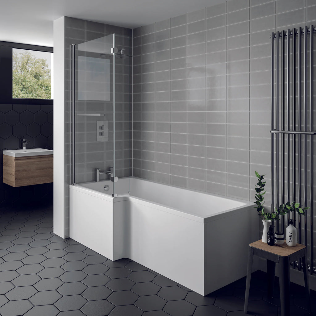 Elegant black and white floor tiles in modern bath