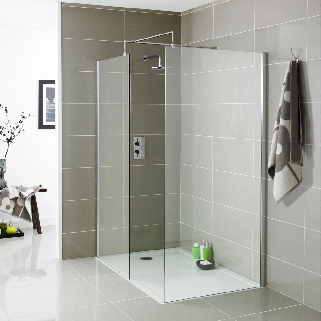 Brightly lit small wet room bathroom with clever storage solutions