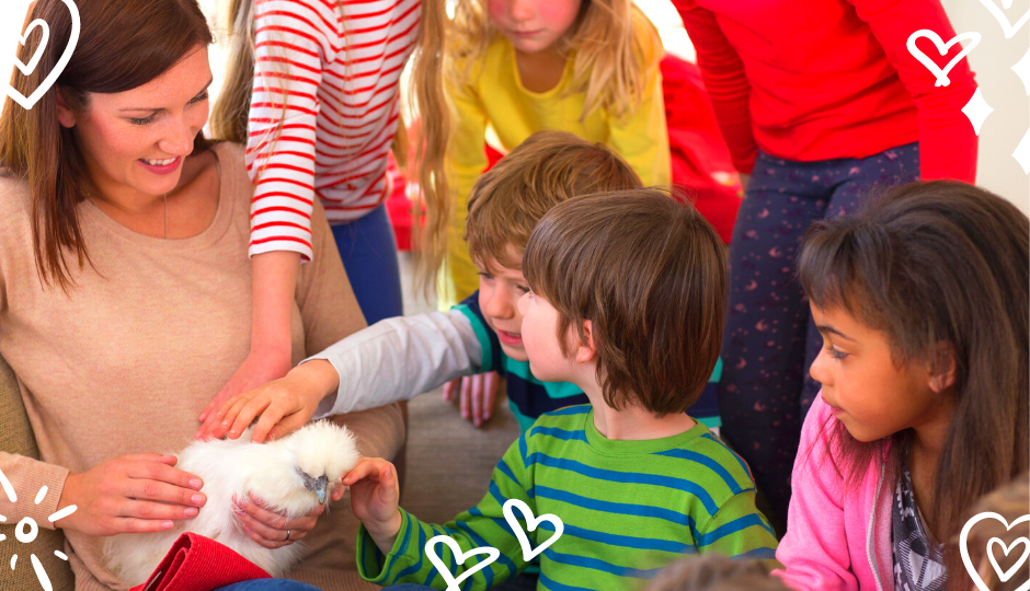 Children petting a white silkie bantam chicken on a woman’s lap