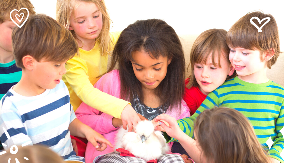 Children with white silkie bantam chicken