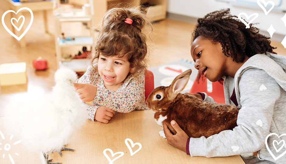 two little girls holding a white silkie chicken and a rabbit