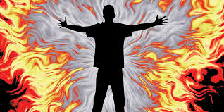 man surrounded by fiery aura