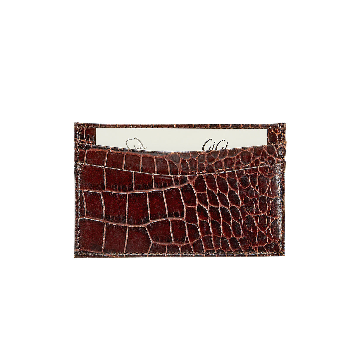 Graphic Image Slim Design Card Case Brown Crocodile Embossed Leather