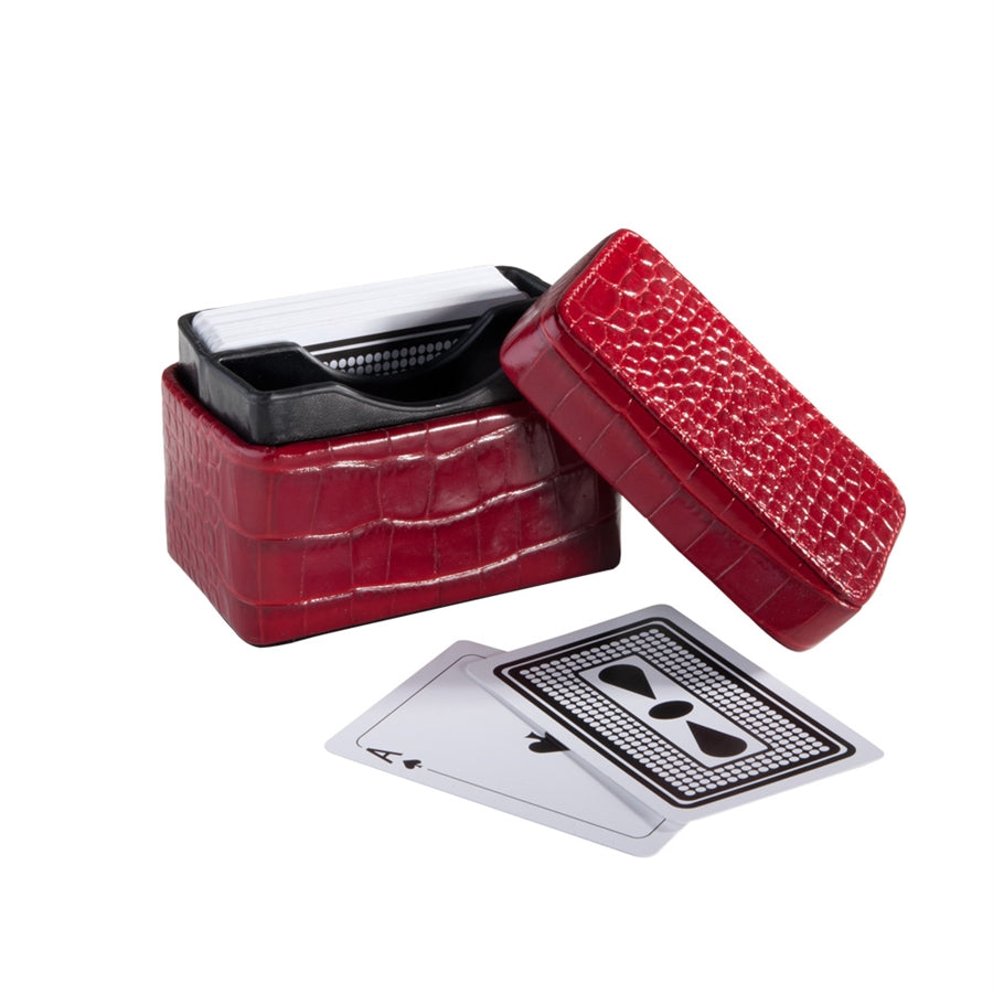 Graphic Image Playing Card Holder Red Crocodile Embossed Leather