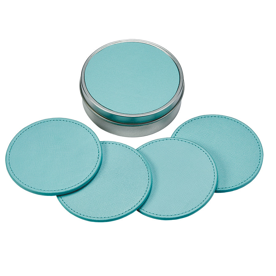 Graphic Image 4 Coasters With Tin Box Robin's Egg Blue Embossed Leather