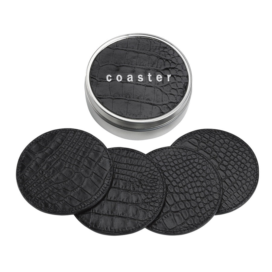 Graphic Image 4 Coasters With Tin Box Black Crocodile Embossed Leather