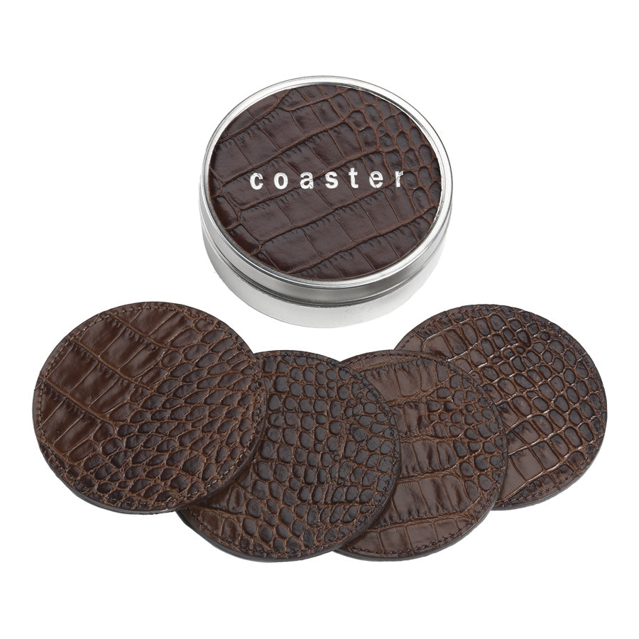 Graphic Image 4 Coasters With Tin Box Brown Crocodile Embossed Leather