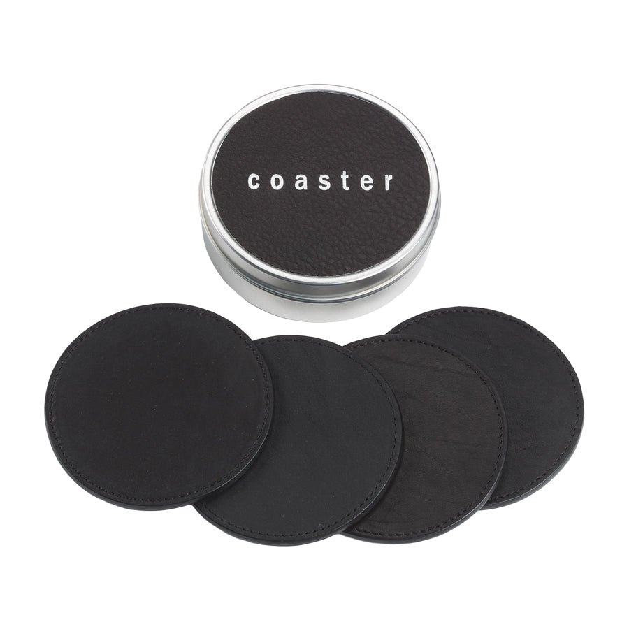 Graphic Image 4 Coasters With Tin Box Black Traditional Leather