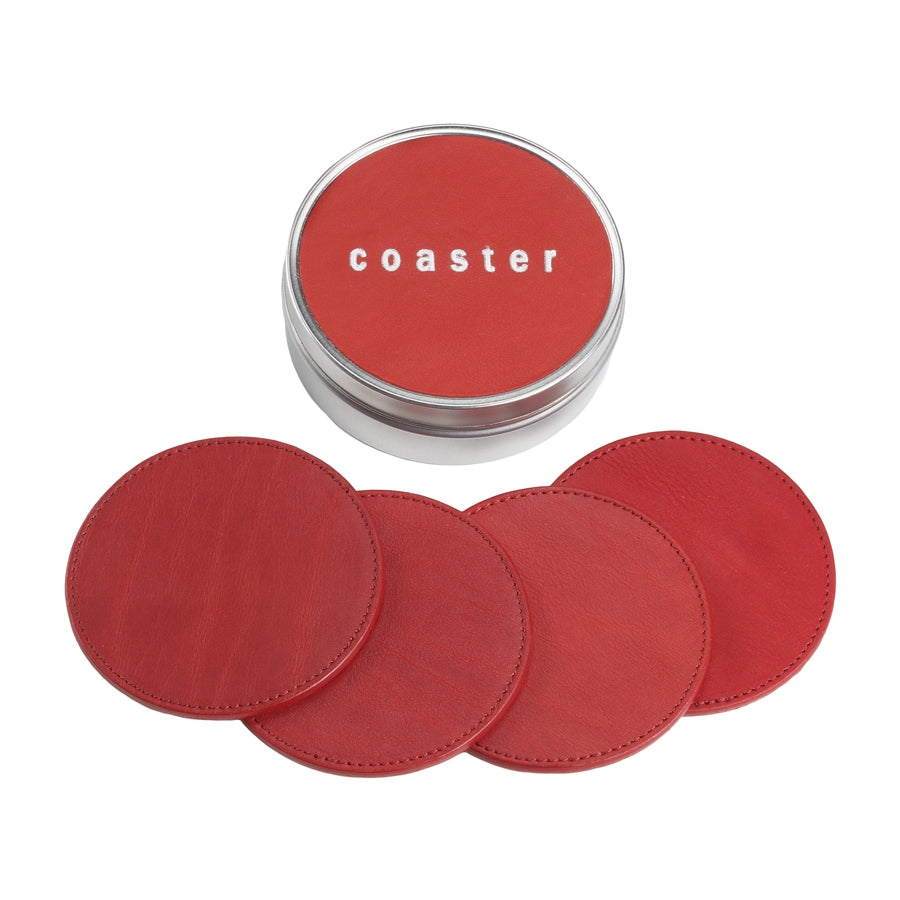 Graphic Image 4 Coasters With Tin Box Red Traditional Leather