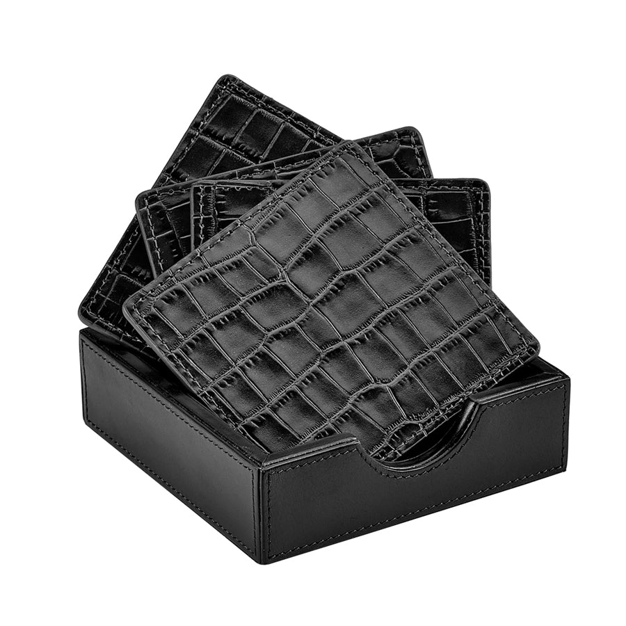 Graphic Image Square Coaster Set Black Crocodile Embossed Leather