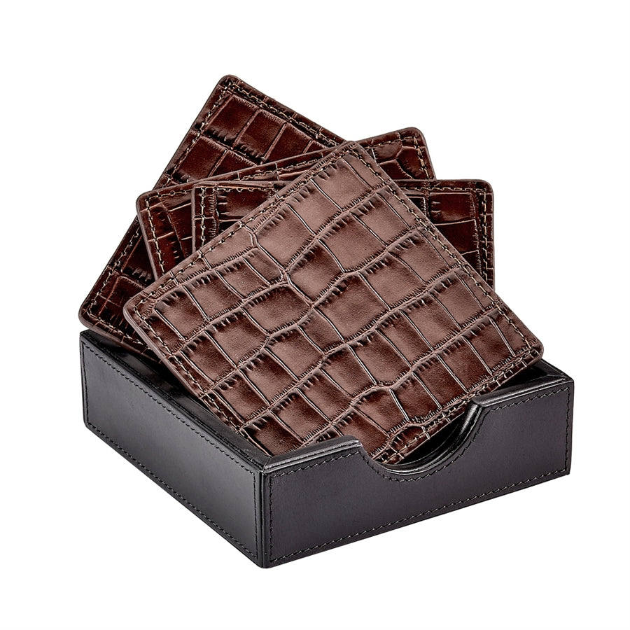 Graphic Image Square Coaster Set Brown Crocodile Embossed Leather