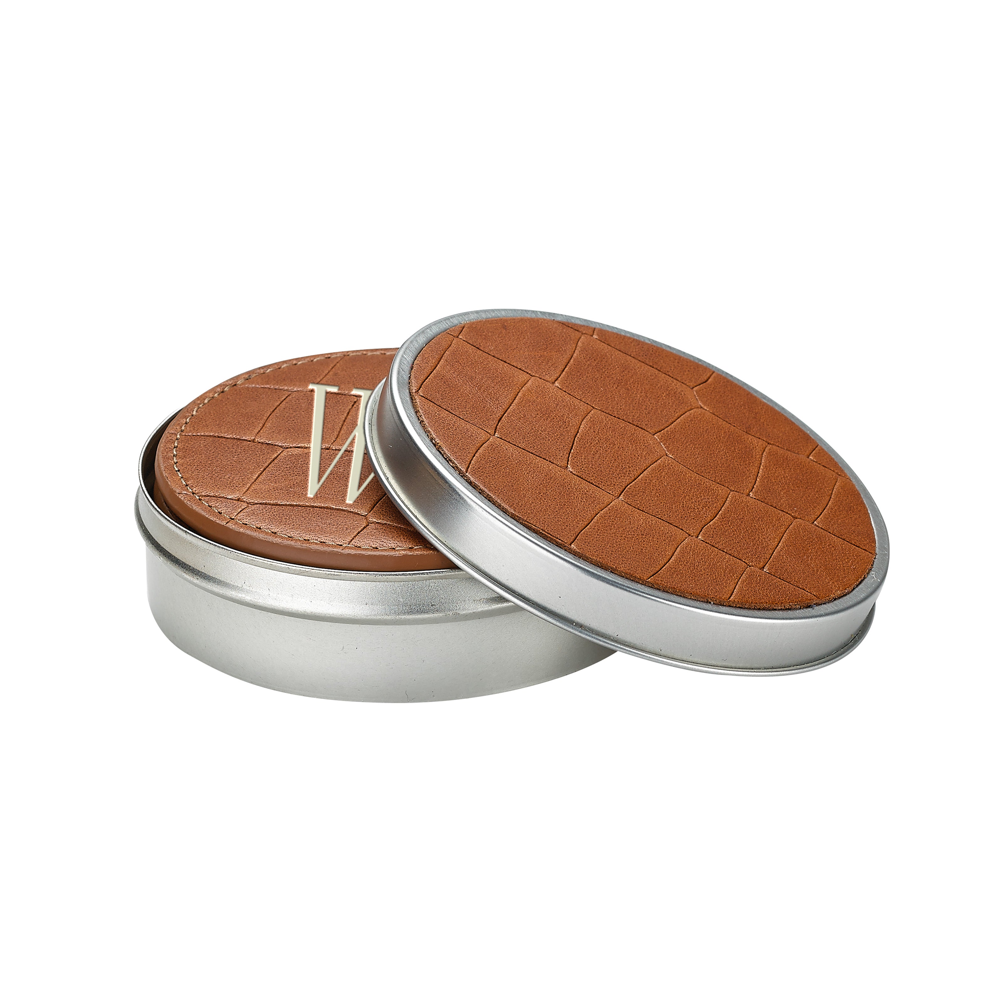 Graphic Image Round Coaster Set Brown Embossed Nappa Croco Leather