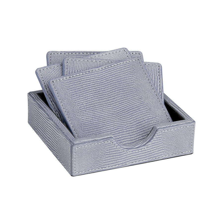 Graphic Image Blue Square Coasters In A Tejus Leather Tray