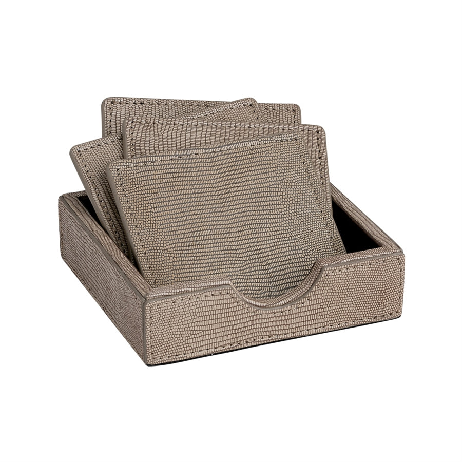 Graphic Image Brown Square Coasters In A Tejus Leather Tray