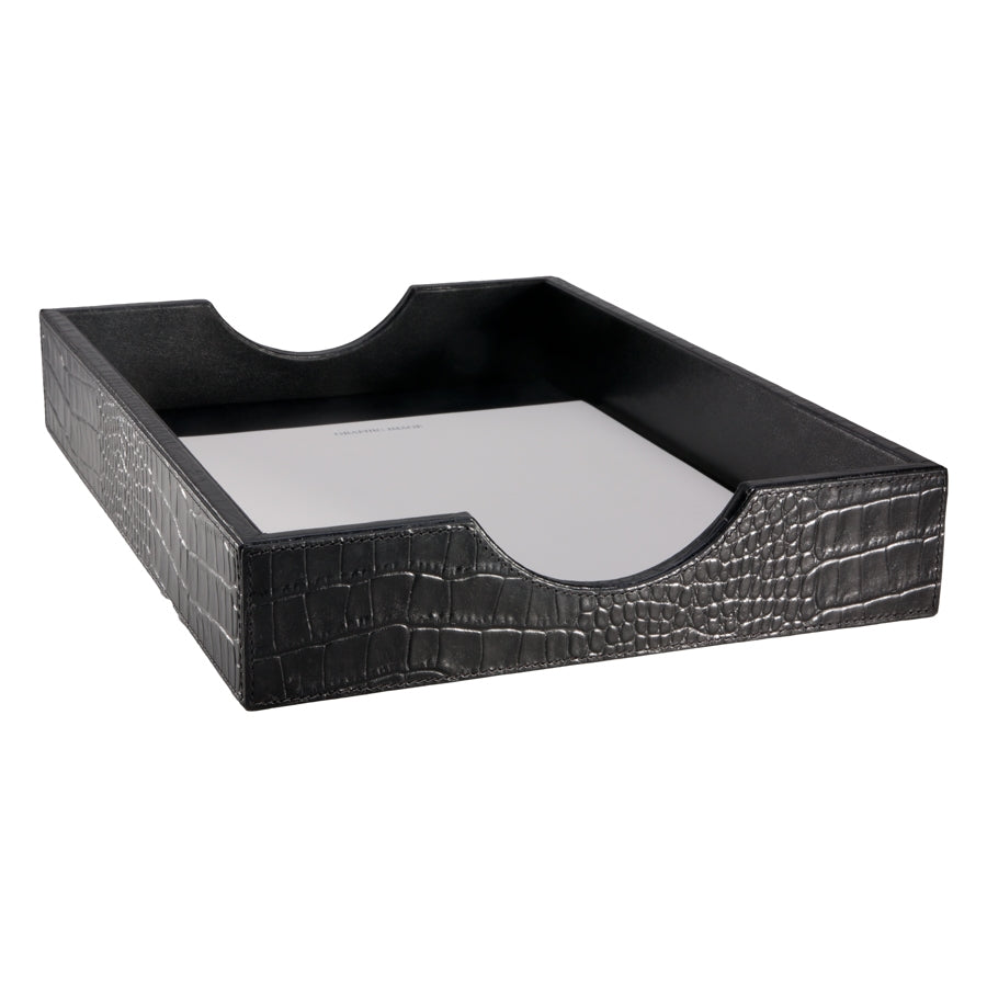 Graphic Image Letter Tray Black Crocodile Embossed Leather