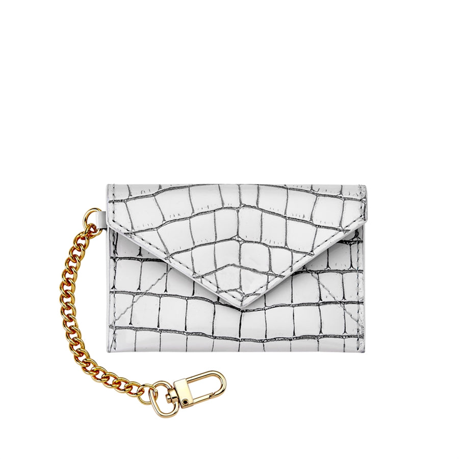 Graphic Image Mini Envelope With Clip White Crocodile Embossed Leather