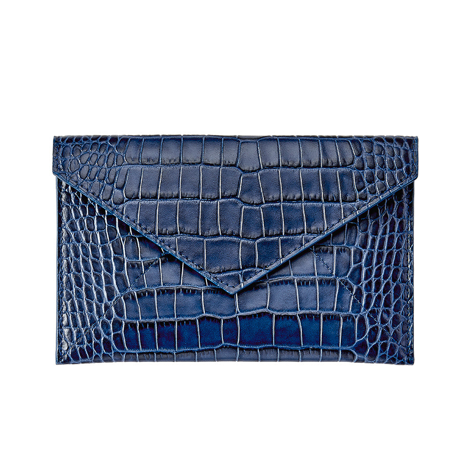 Graphic Image Medium Envelope Sapphire Crocodile Embossed Leather