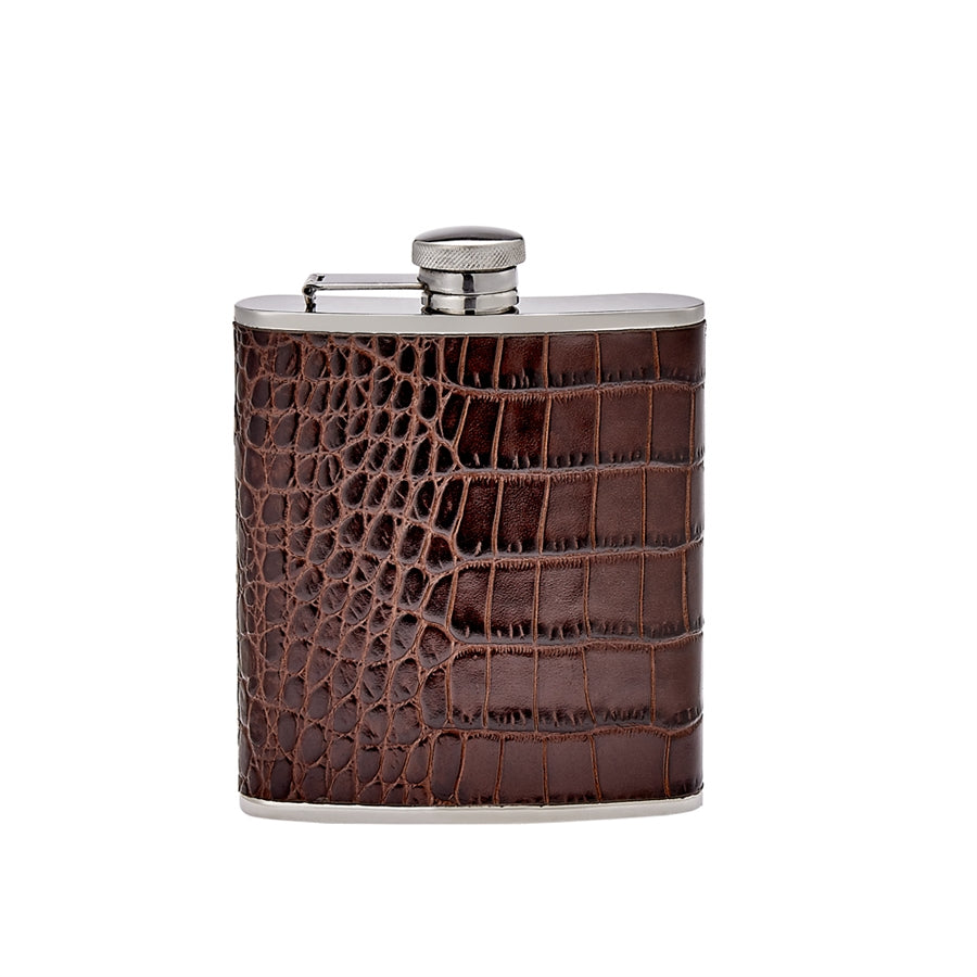 Graphic Image 6 Oz Leather Wrapped Flask Brown Crocodile Embossed Leather