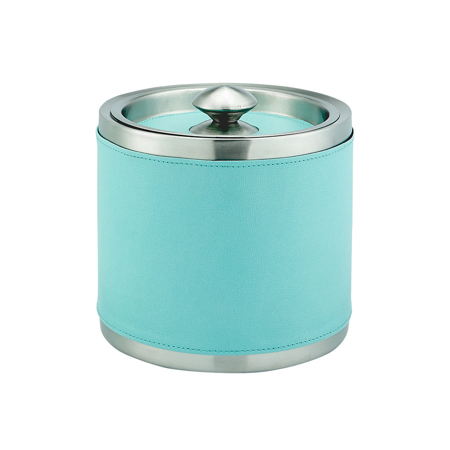 Graphic Image Leather Ice Bucket With Tongs Robin's Egg Blue Embossed Leather