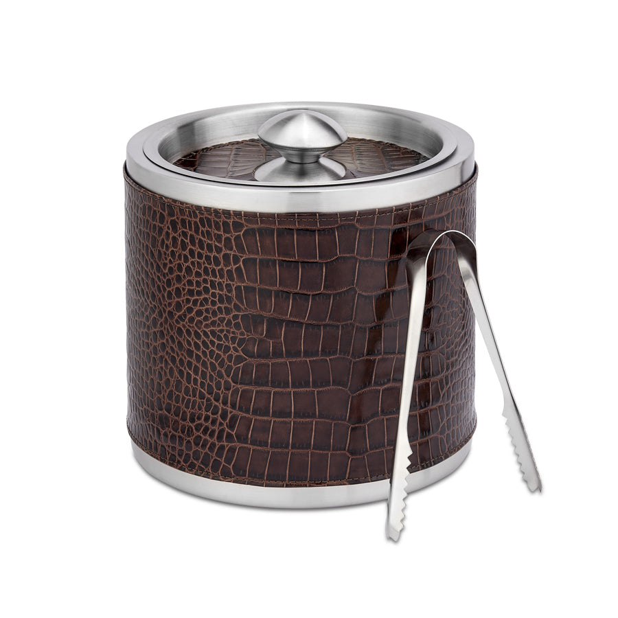 Graphic Image Leather Ice Bucket With Tongs Brown Crocodile Embossed Leather