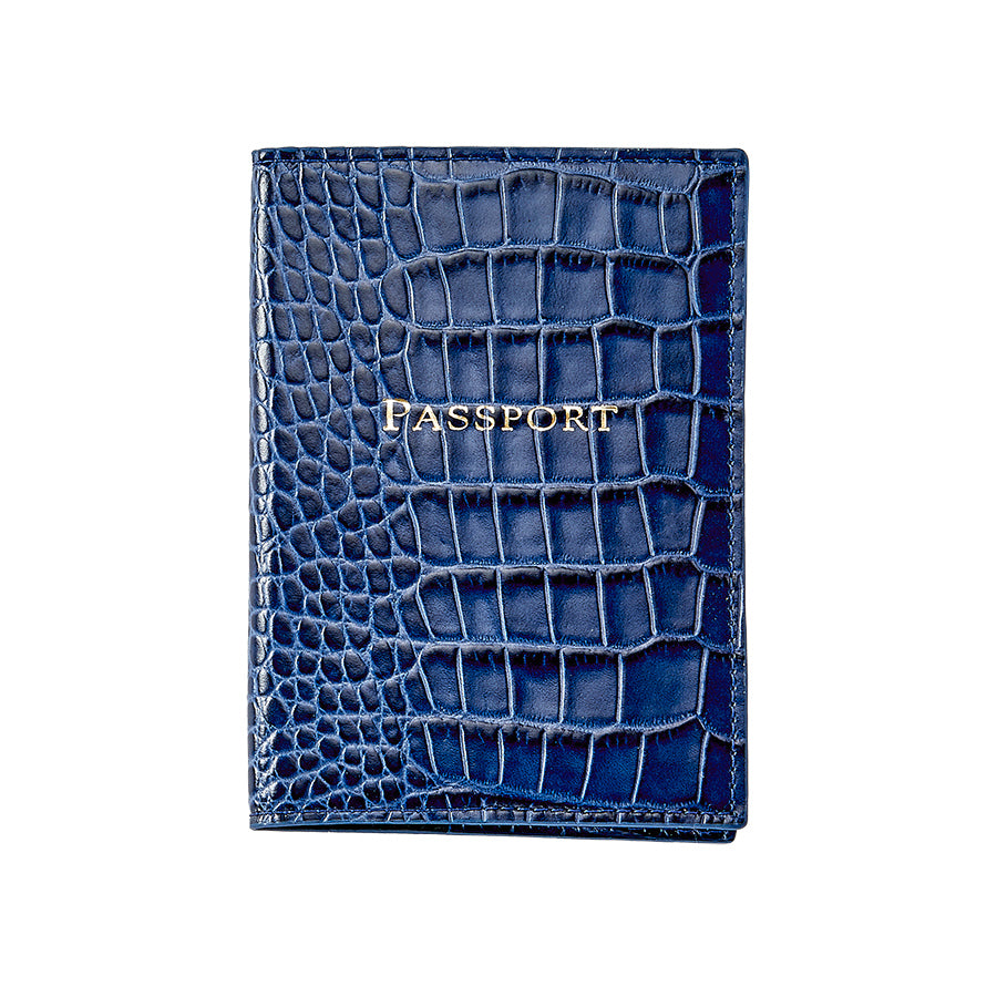 Graphic Image Passport Holder Sapphire Crocodile Embossed Leather