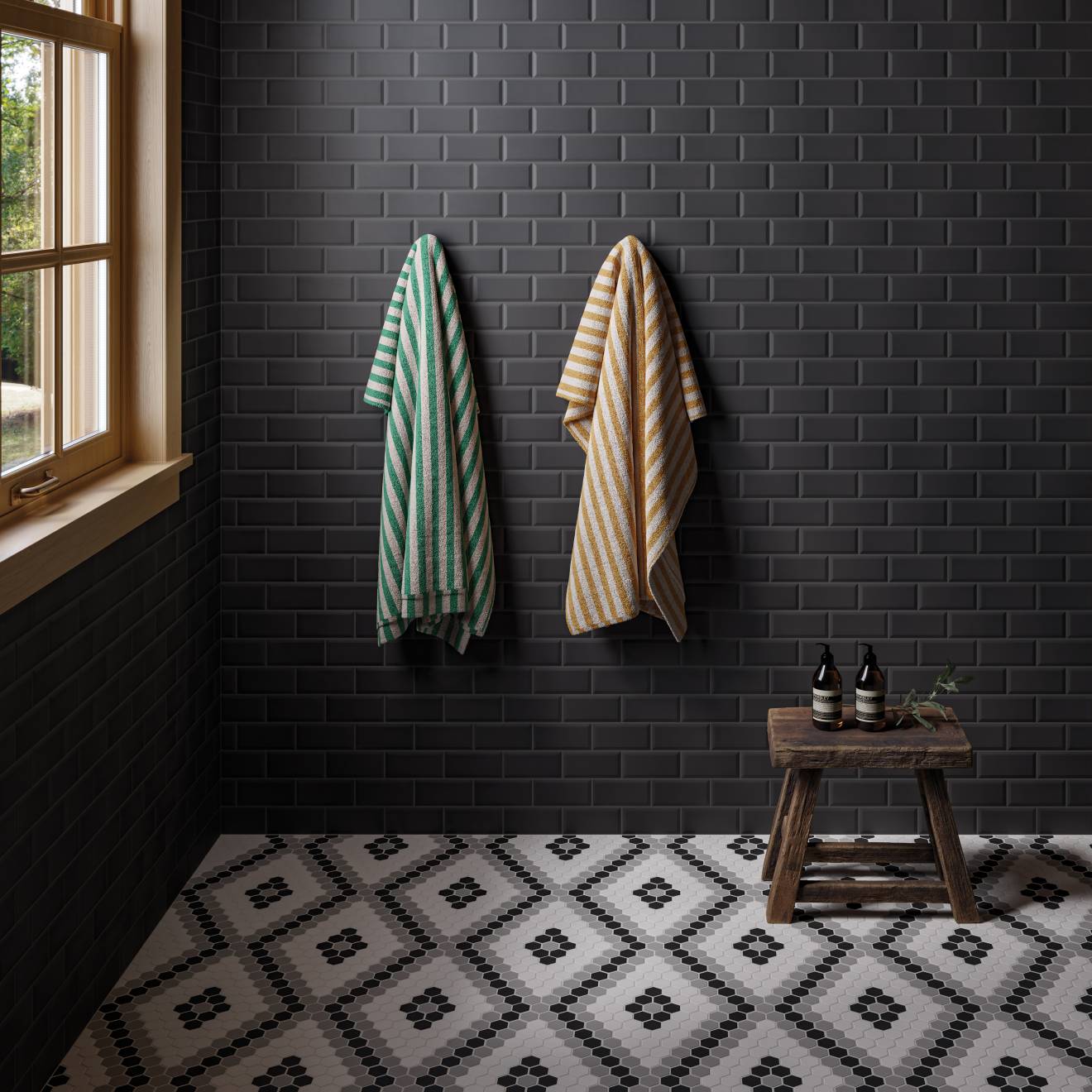 Le Cafe 2" x 4" Bevel Off Set Mesh Mount Matte Porcelain Mosaic Tile in Black