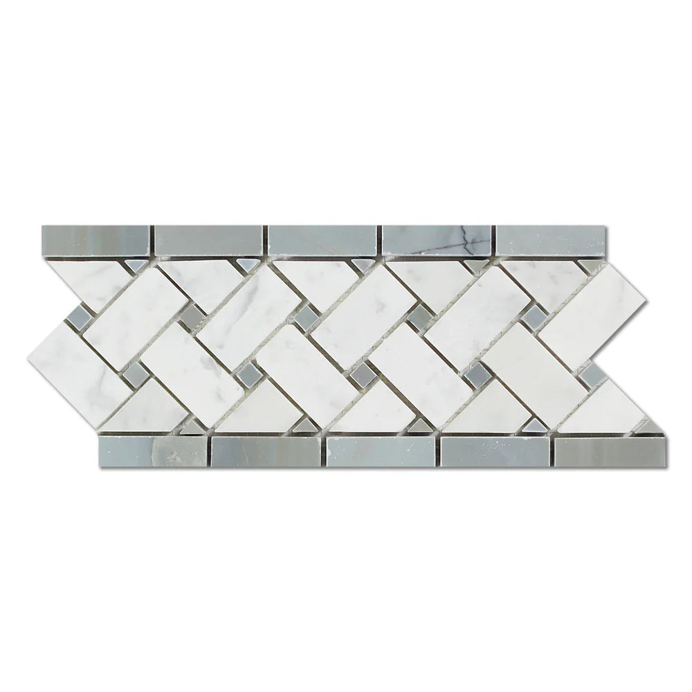Carrara Italian White Basketweave Border w/ Blue & Gray Dots